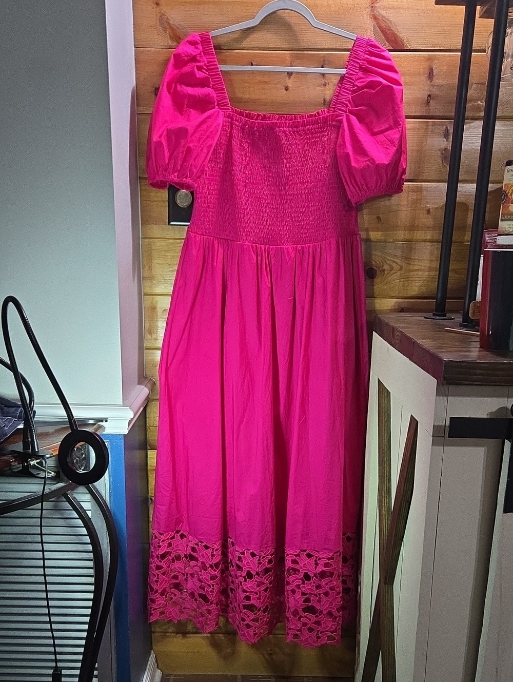 CeCe Fuchsia Puff-Sleeve Smocked Maxi Dress with Cutwork Hem Large